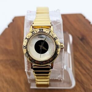 Fossil Women's Gold Tone Roman Numeral Bezel Watch SC-5494 Stretch Band Bold